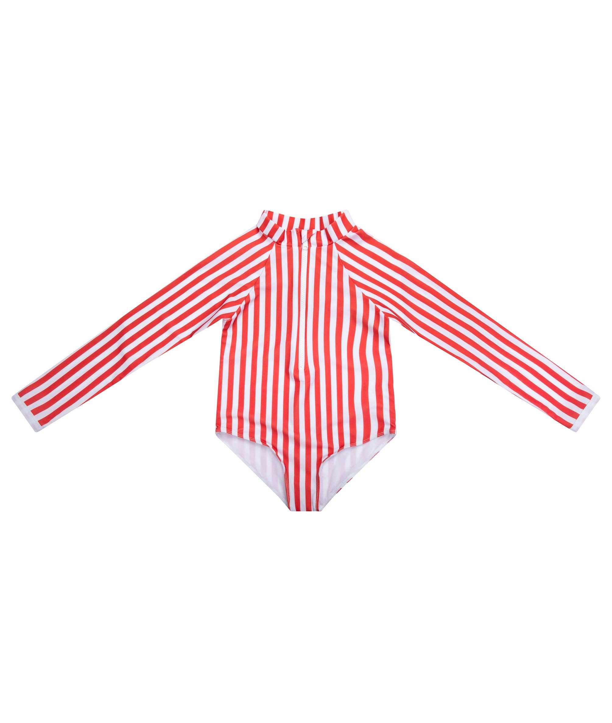 Girls' red-and-white striped UPF rash guard with long sleeves and high neck