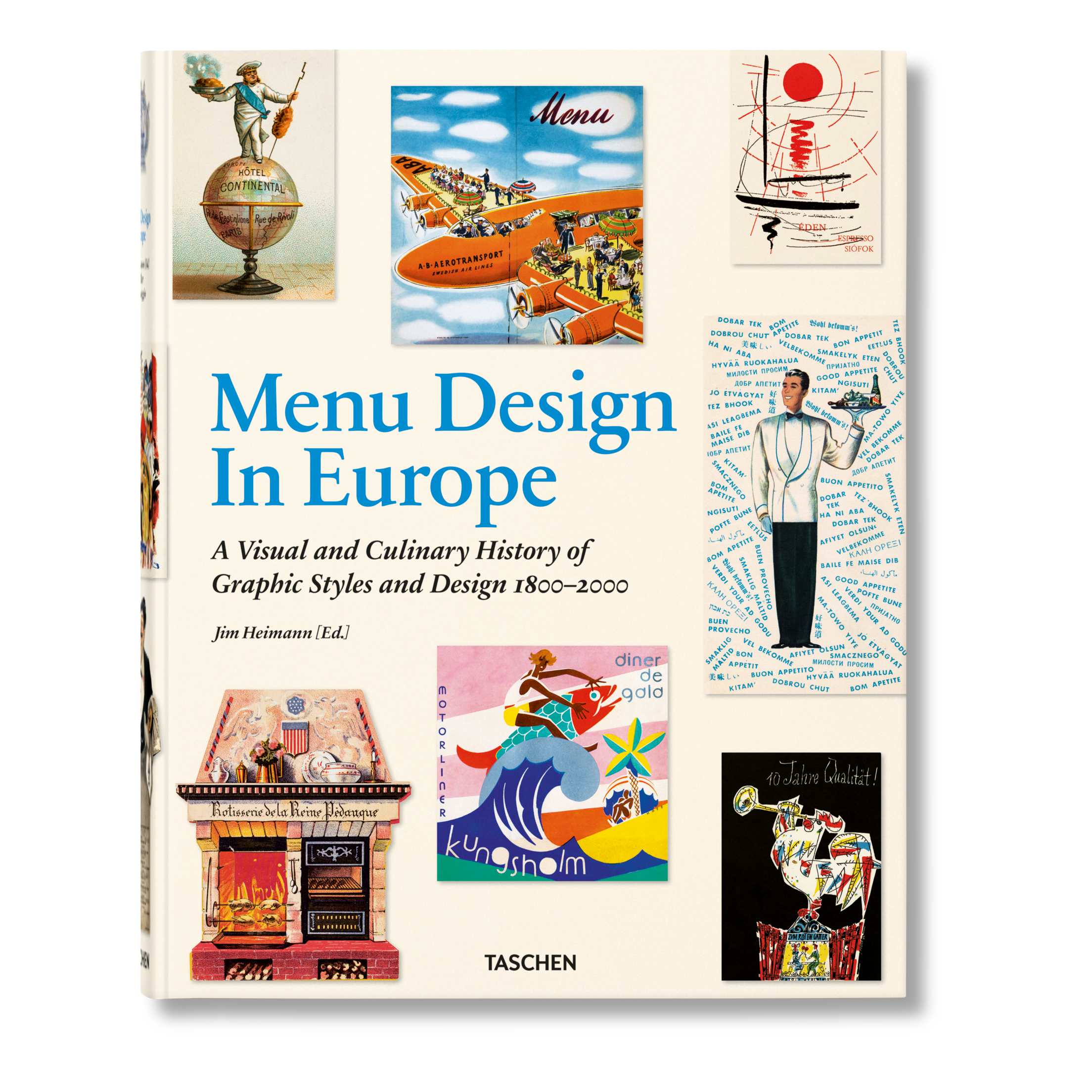 Hardcover menu design book featuring globe artwork and blue illustrated title layout