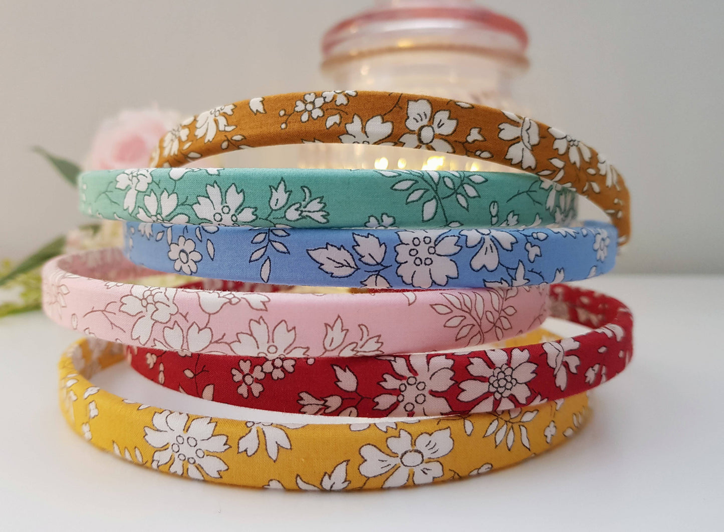 Liberty of London fabric skinny headbands: Capel Z light blue / 1cm width