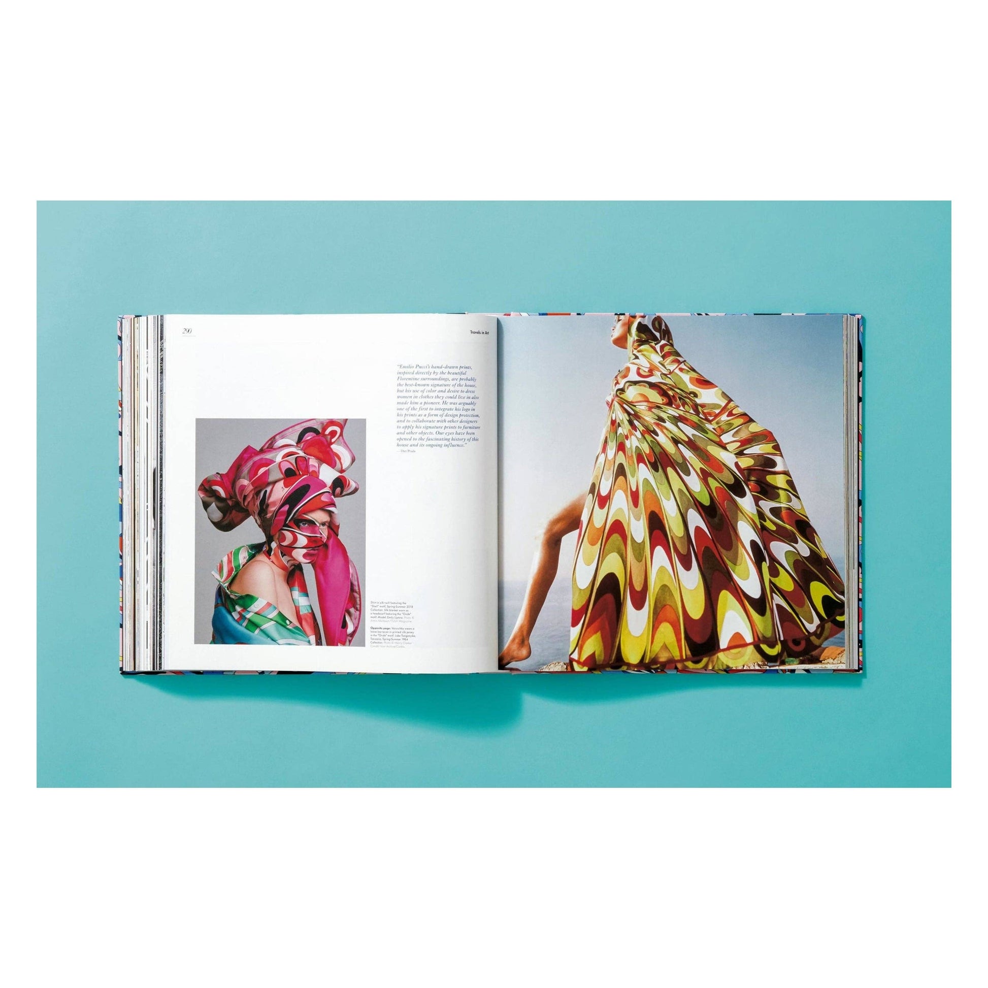 Pucci updated edition book, open spread with illustrated portrait and colorful dress photo