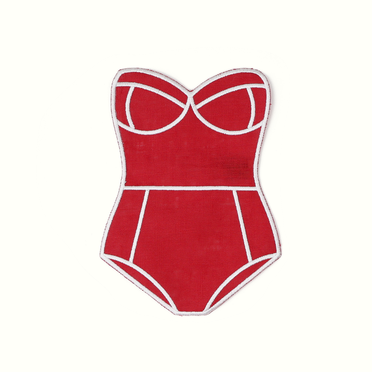Red swimsuit-shaped cocktail napkin with white trim and molded bust detail