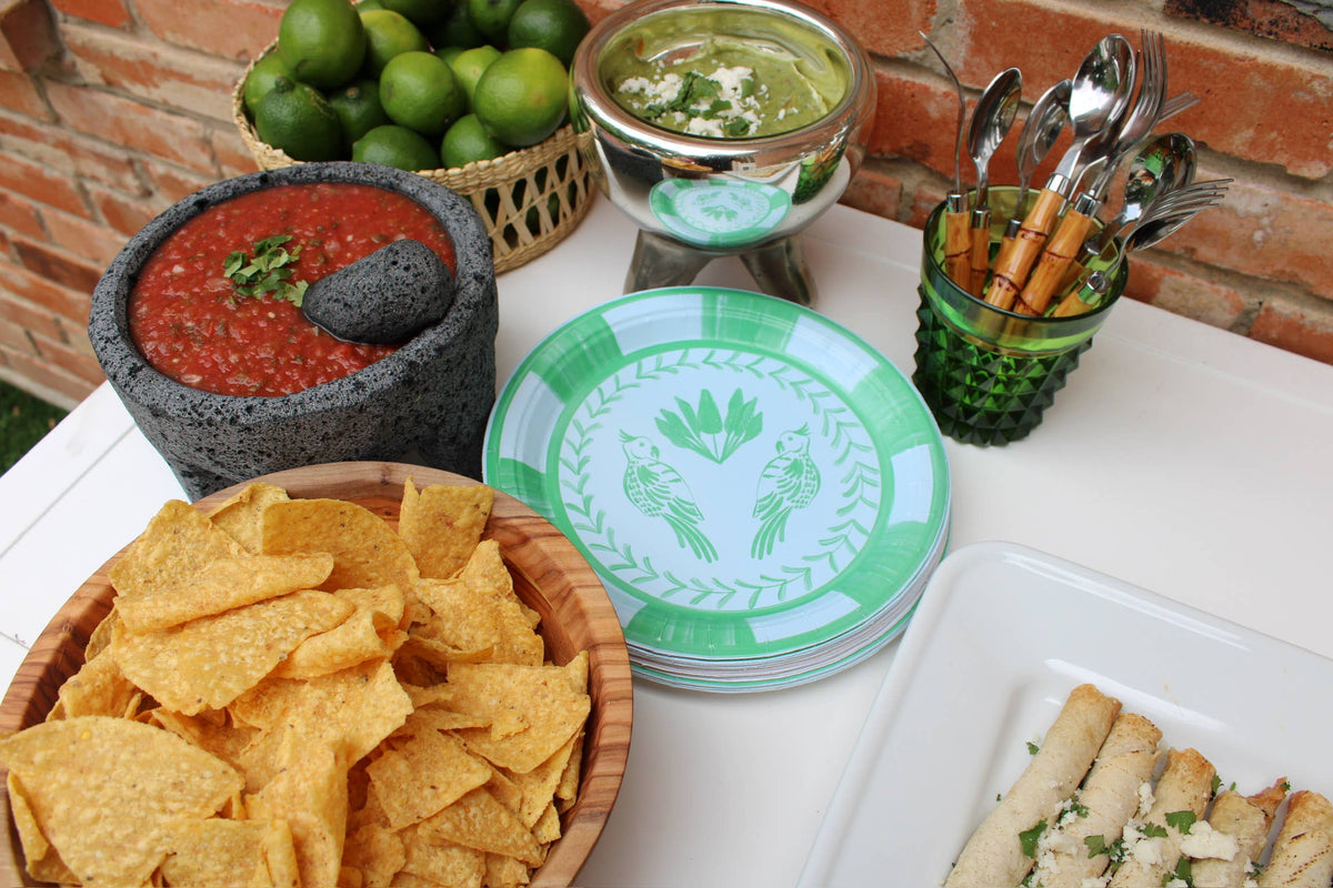 Lovebirds Josephine salad and dessert plate, green rim stripes with bird-and-leaf print.