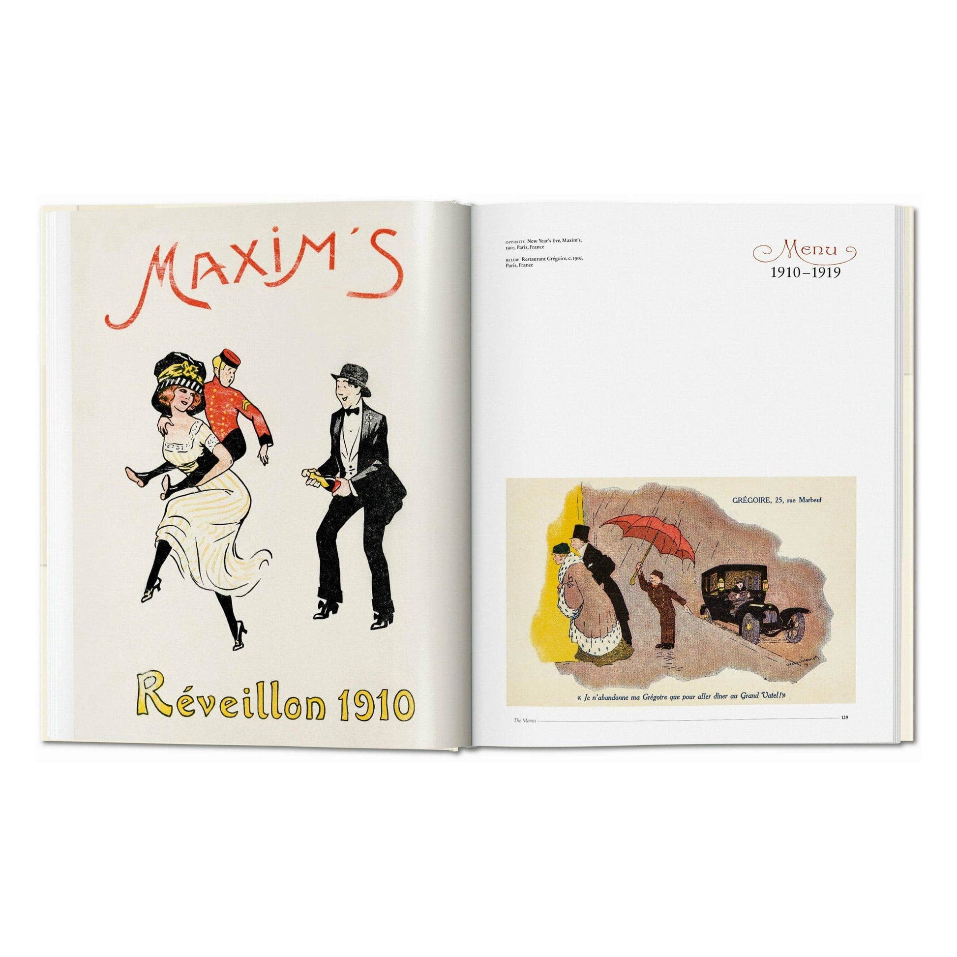 Open menu design book spread with illustrated characters and vintage menu graphic pages