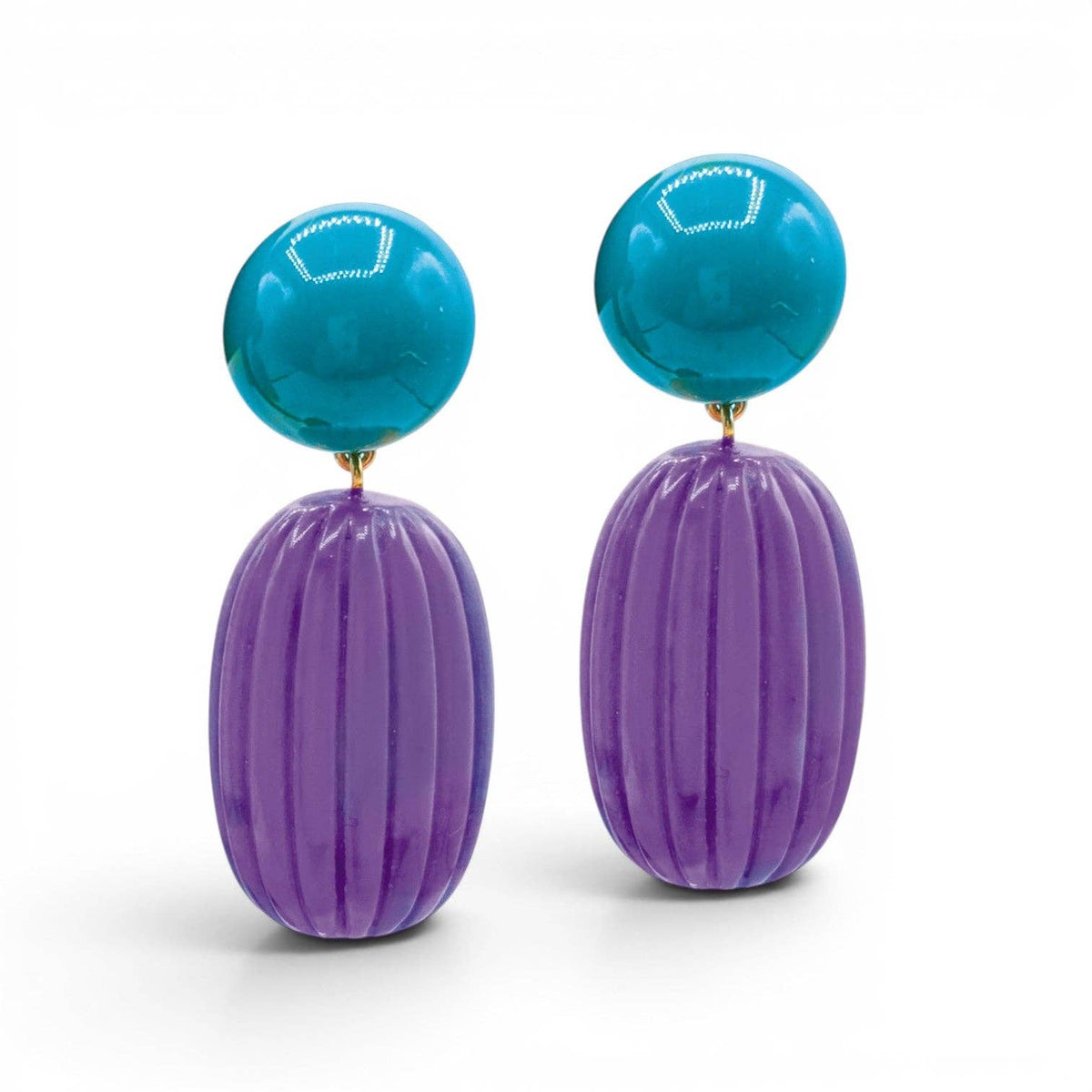 Turquoise and purple resin clip earrings with round tops and oval ribbed drops