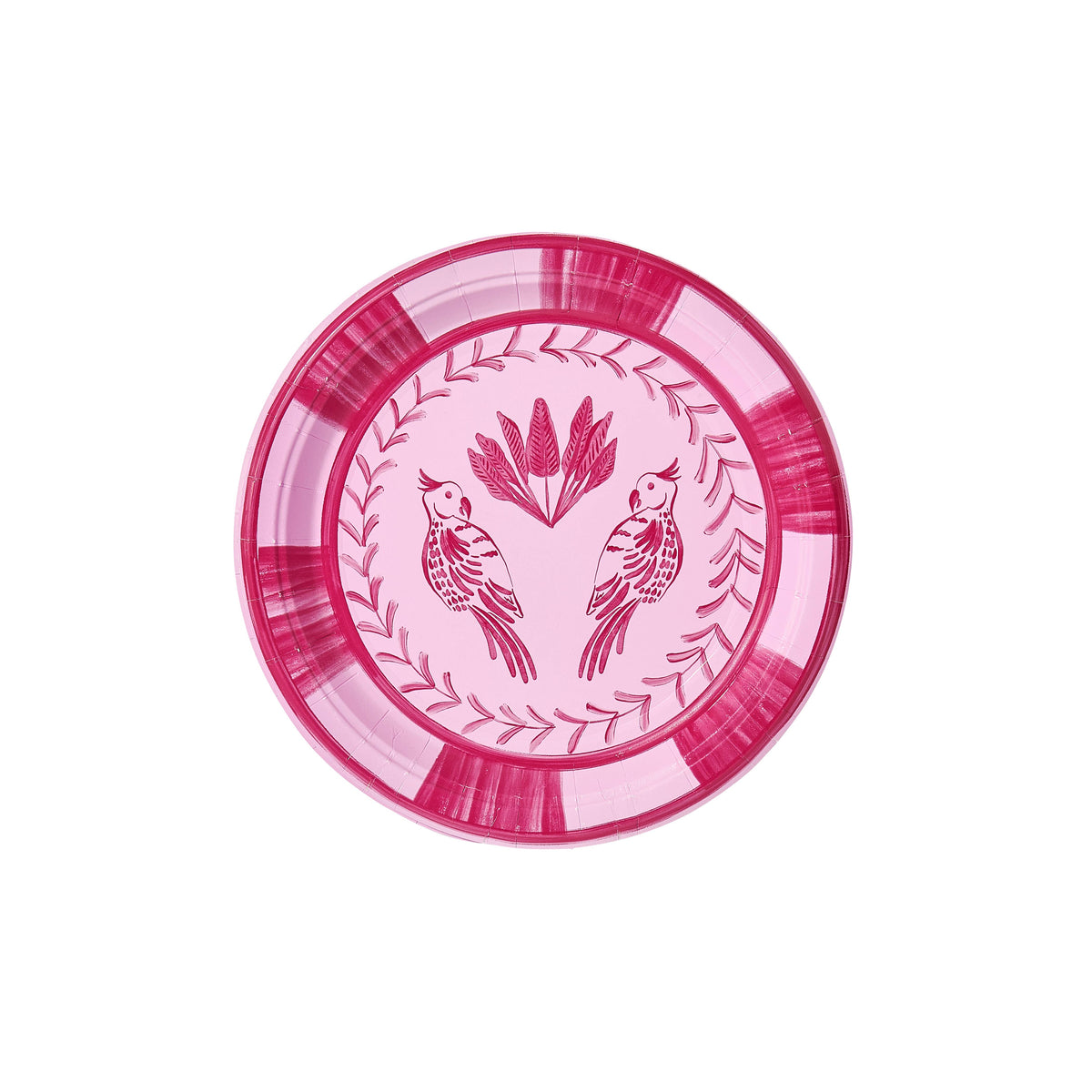Lovebirds Josephine salad and dessert plate, bright pink with birds and foliage pattern.