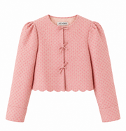 Pink scalloped jacket with repeating heart pattern and ribbon tie closures