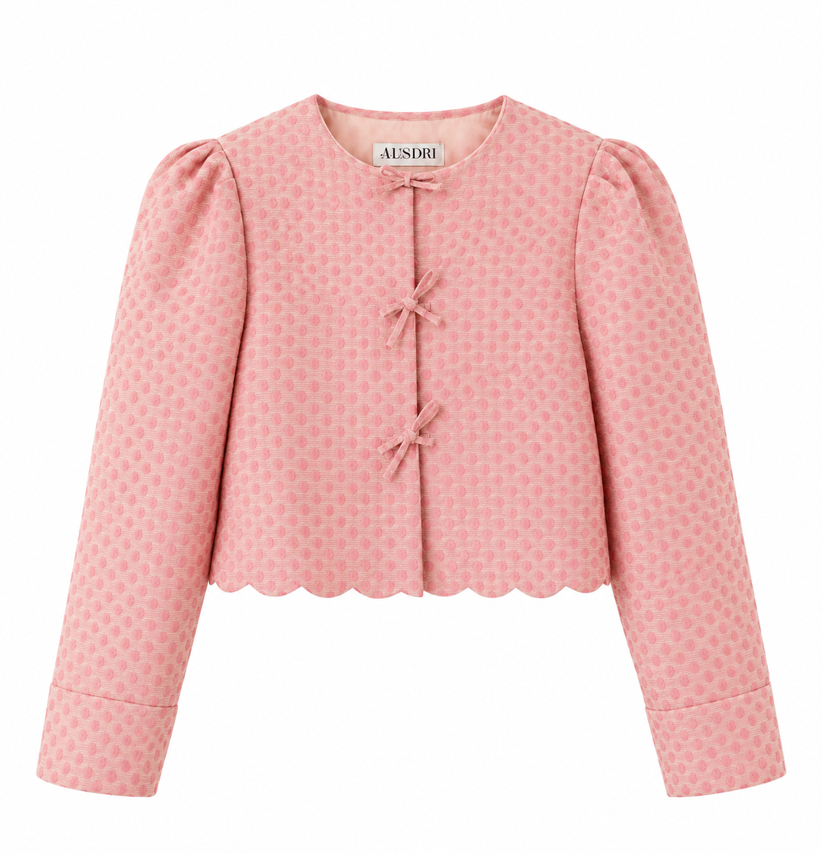 Pink scalloped jacket with repeating heart pattern and ribbon tie closures