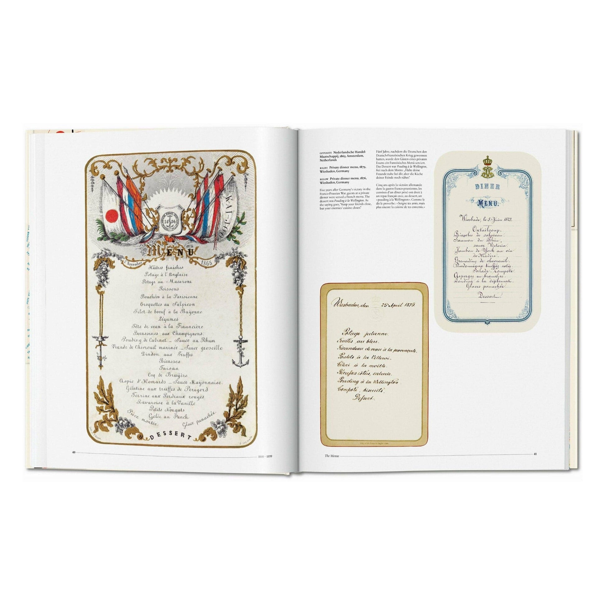 Open menu design book with ornate menu card illustrations and decorative frame art