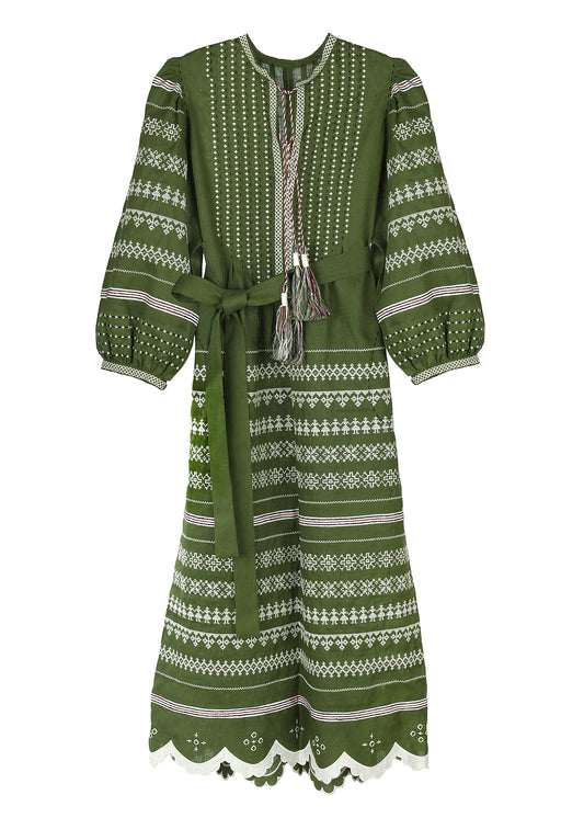 Kateryna Embroidered Ukrainian Dress- Green, Ivory