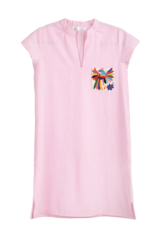Seersucker Dress with Embroidery Pink