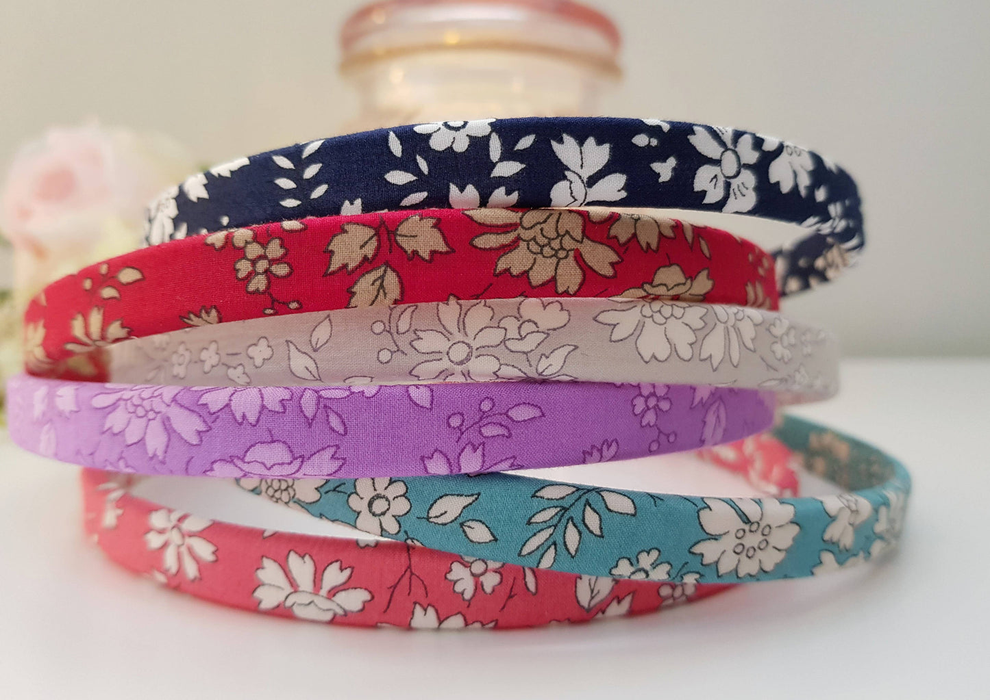 Liberty of London fabric skinny headbands: Capel Z light blue / 1cm width
