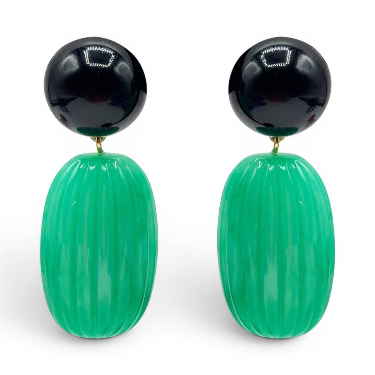 Clip-on earrings with black resin domes and green oval drop beads