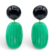 Clip-on earrings with black resin domes and green oval drop beads