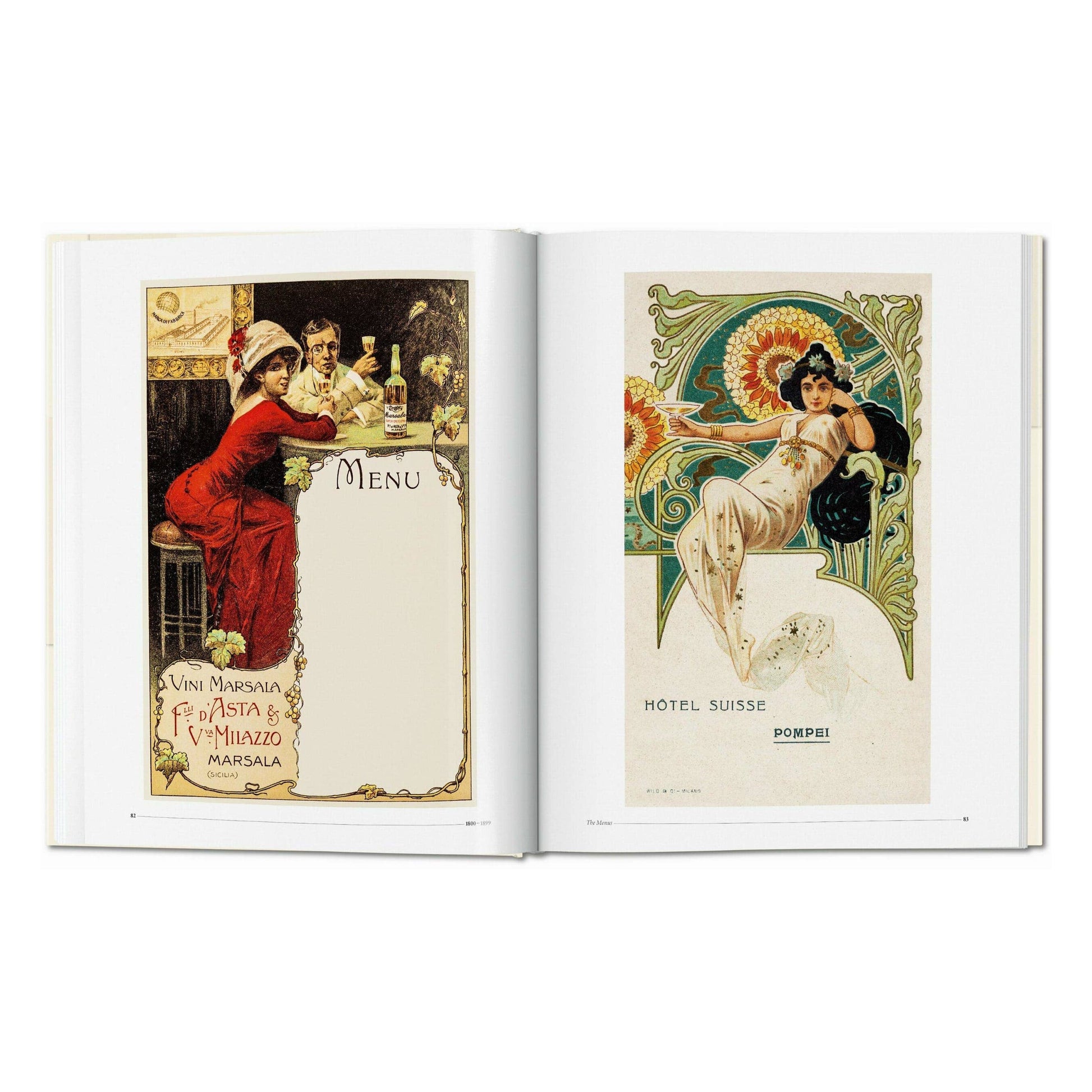 Open menu design book spread with vintage portrait poster and decorated hotel menu art