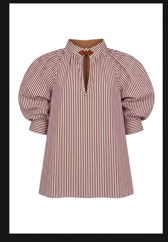 Burgundy striped button-up shirt with stand collar, long sleeves and cuffed cuffs