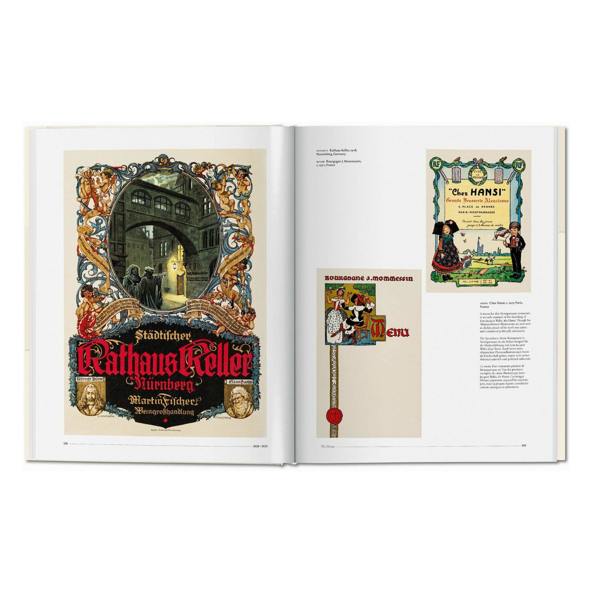Open menu design book spread with colorful city poster art and menu page layouts