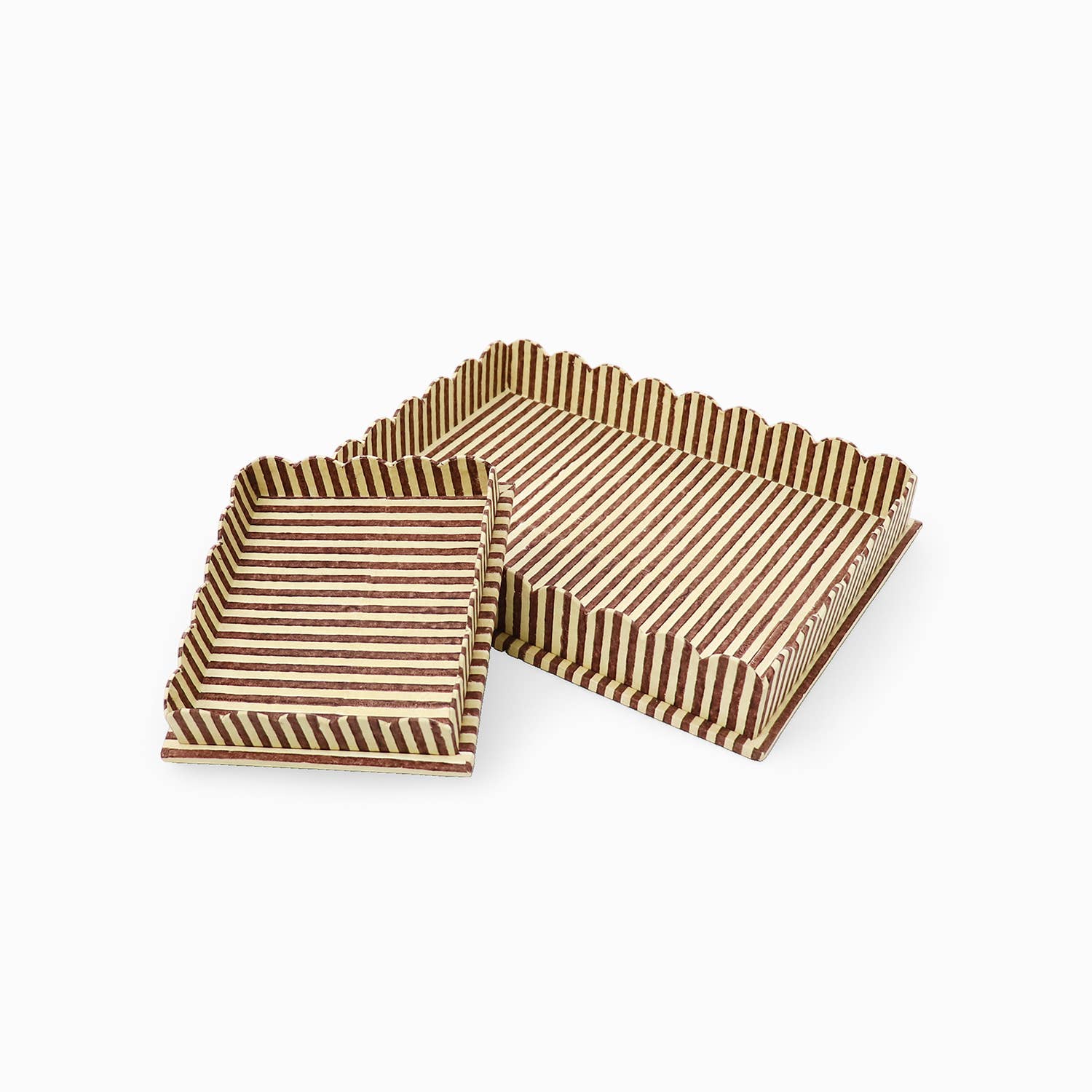 Scalloped large tray set with striped surfaces in brown and cream, open side view