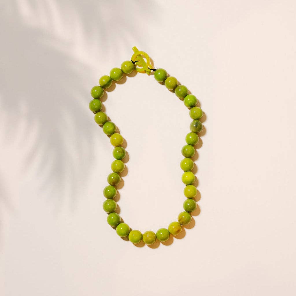 Green gumball beaded necklace with loop clasp and bright round beads