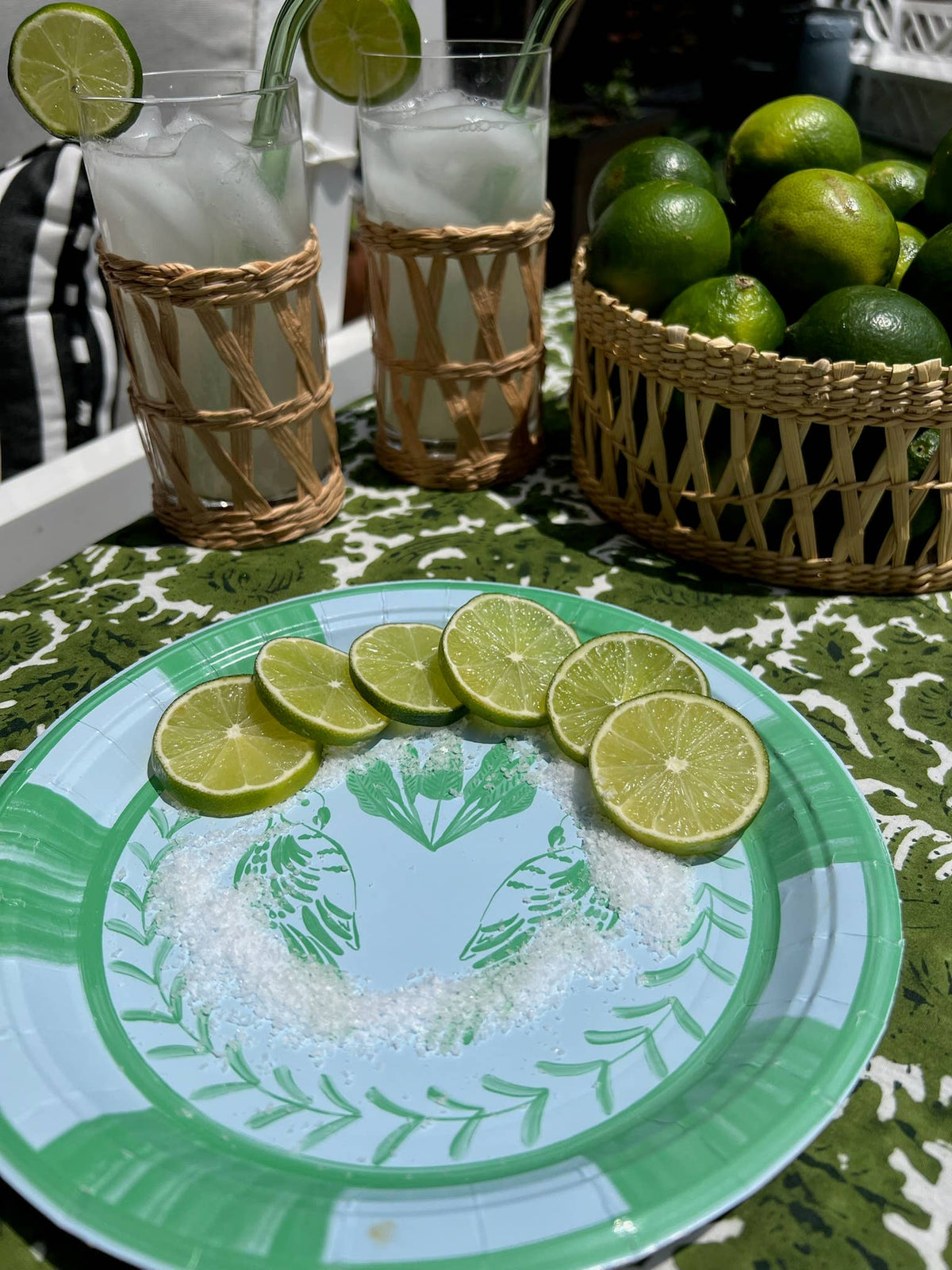 Lovebirds Josephine salad and dessert plate, green border stripes around bird-and-leaf motif.