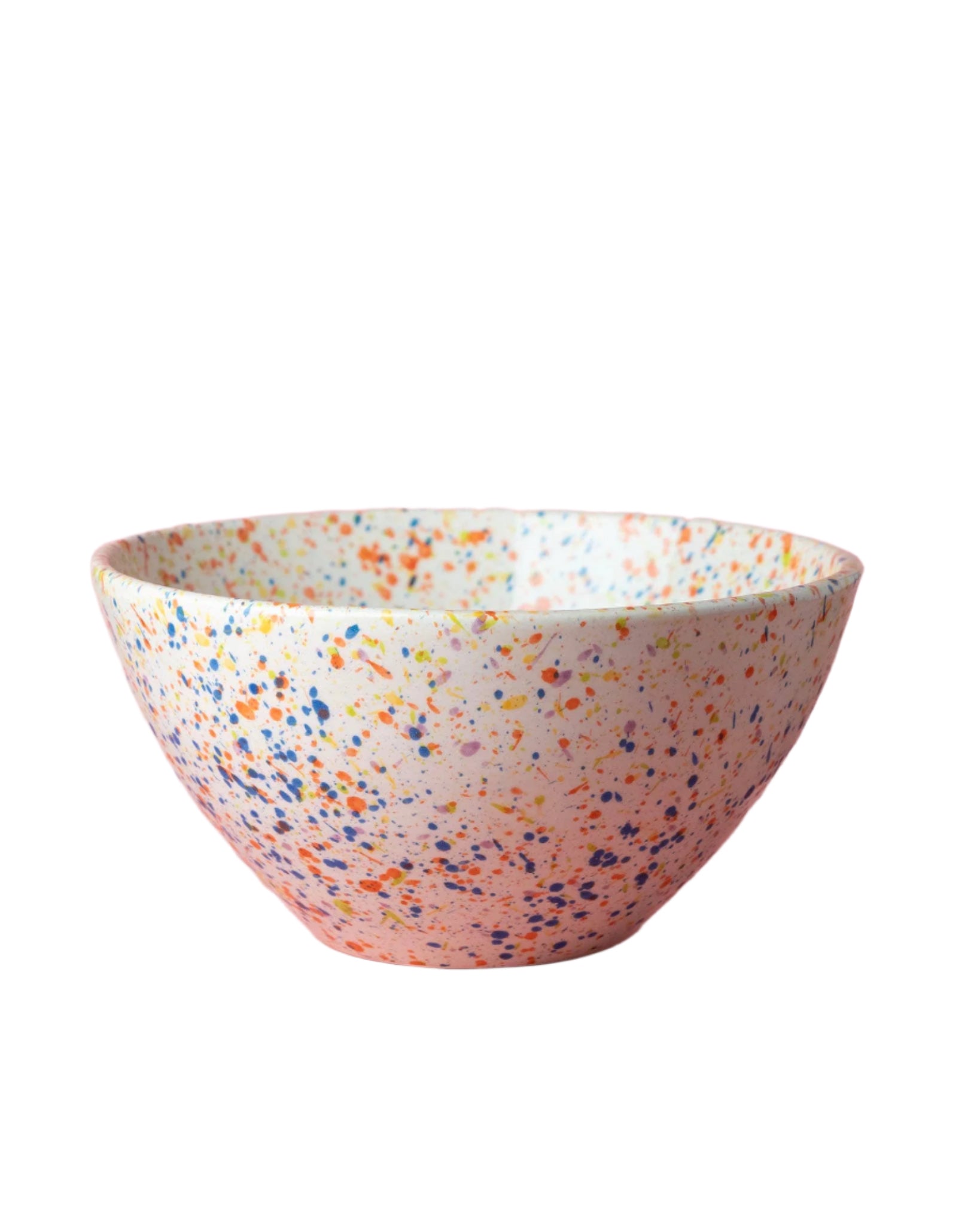 Ceramic salad bowl with multicolor speckled finish and rounded rim