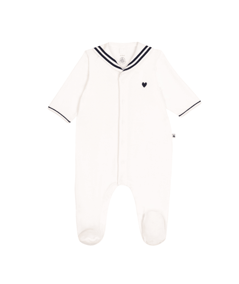 White velour baby footie with sailor collar and short sleeves, heart chest detail.