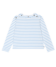 Light blue and white striped long-sleeve top with crew neck and buttoned shoulder