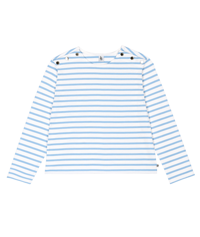 Light blue and white striped long-sleeve top with crew neck and buttoned shoulder