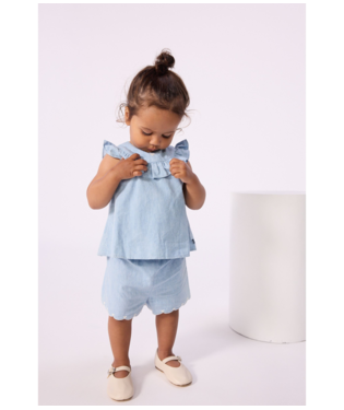 Light blue seersucker striped top with ruffled neckline and matching shorts