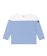 White crew-neck long-sleeve Breton top with navy horizontal stripes
