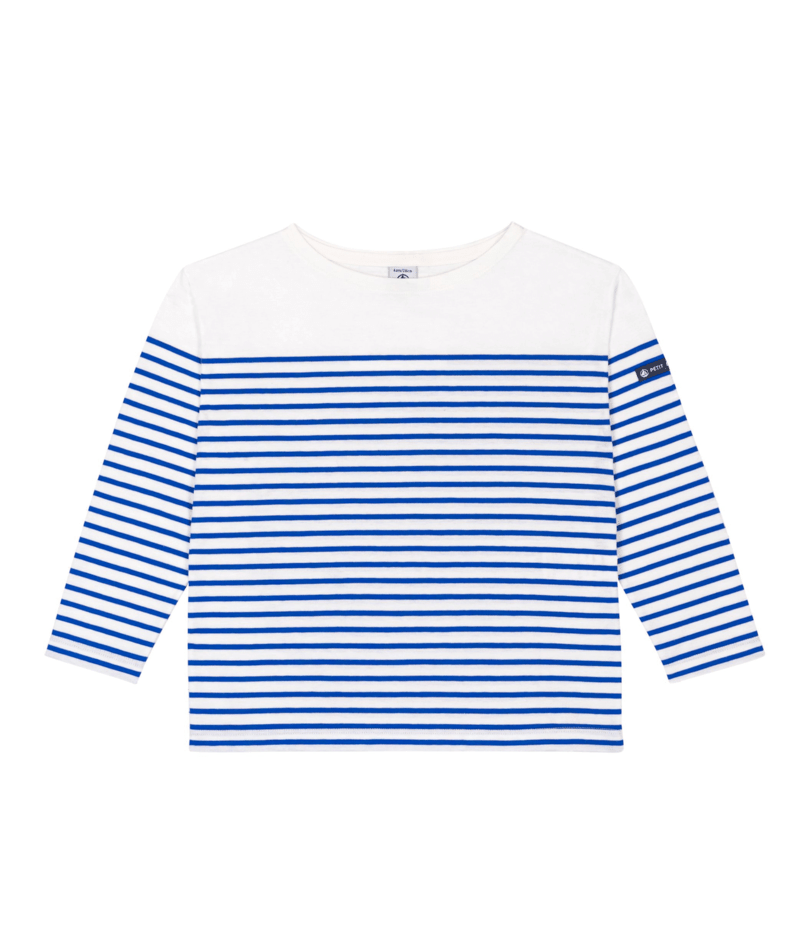 White crew-neck long-sleeve Breton top with navy horizontal stripes