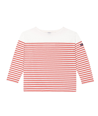 Red-and-white horizontal striped long sleeve breton top, crew neck, straight hem