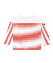 Long sleeve breton shirt with red-and-white horizontal stripes, crew neck