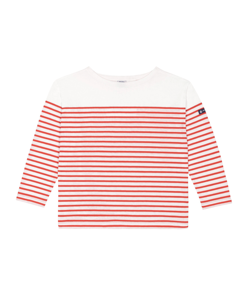 Long sleeve breton shirt with red-and-white horizontal stripes, crew neck