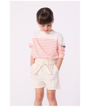 Kids’ long-sleeve Breton set: pink striped top with elastic cuffs and drawstring shorts