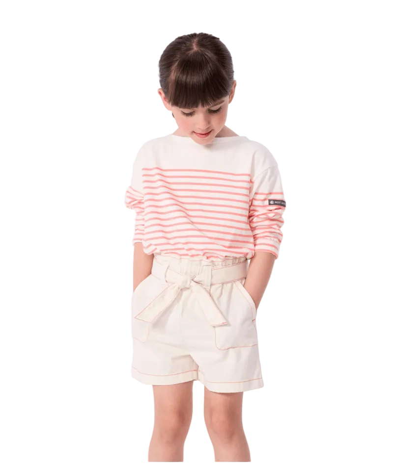 Kids’ long-sleeve striped Breton top, pink and white horizontal stripes, elastic hem