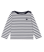 Long sleeve Breton top in navy and white stripes, crew neck, chest badge