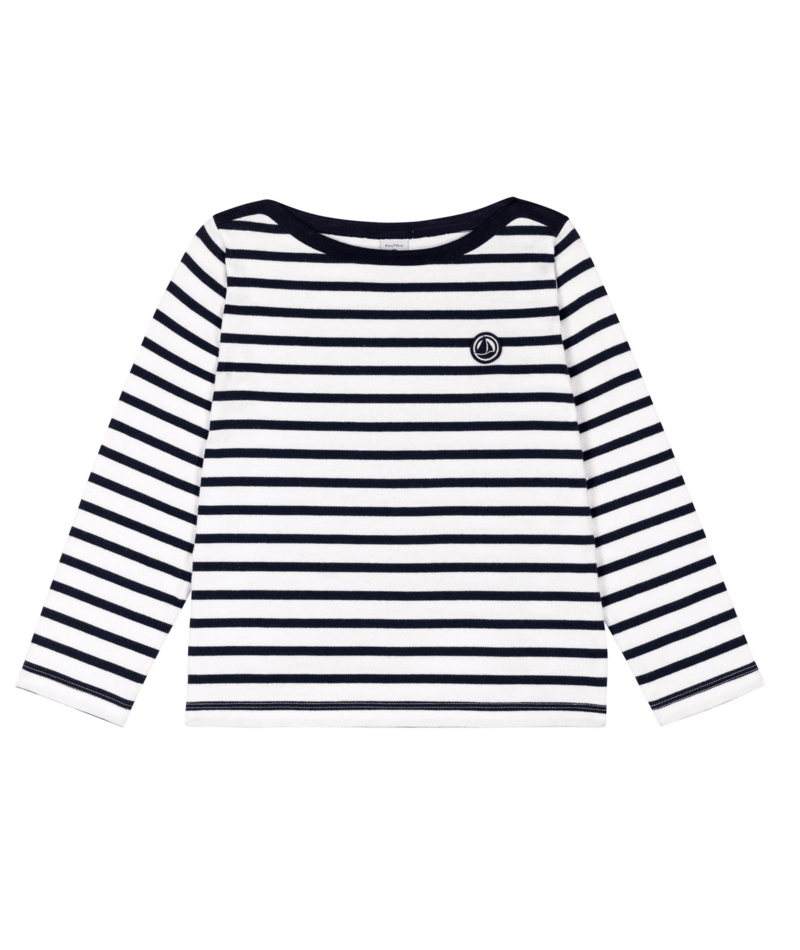 Long sleeve Breton top in navy and white stripes, crew neck, chest badge