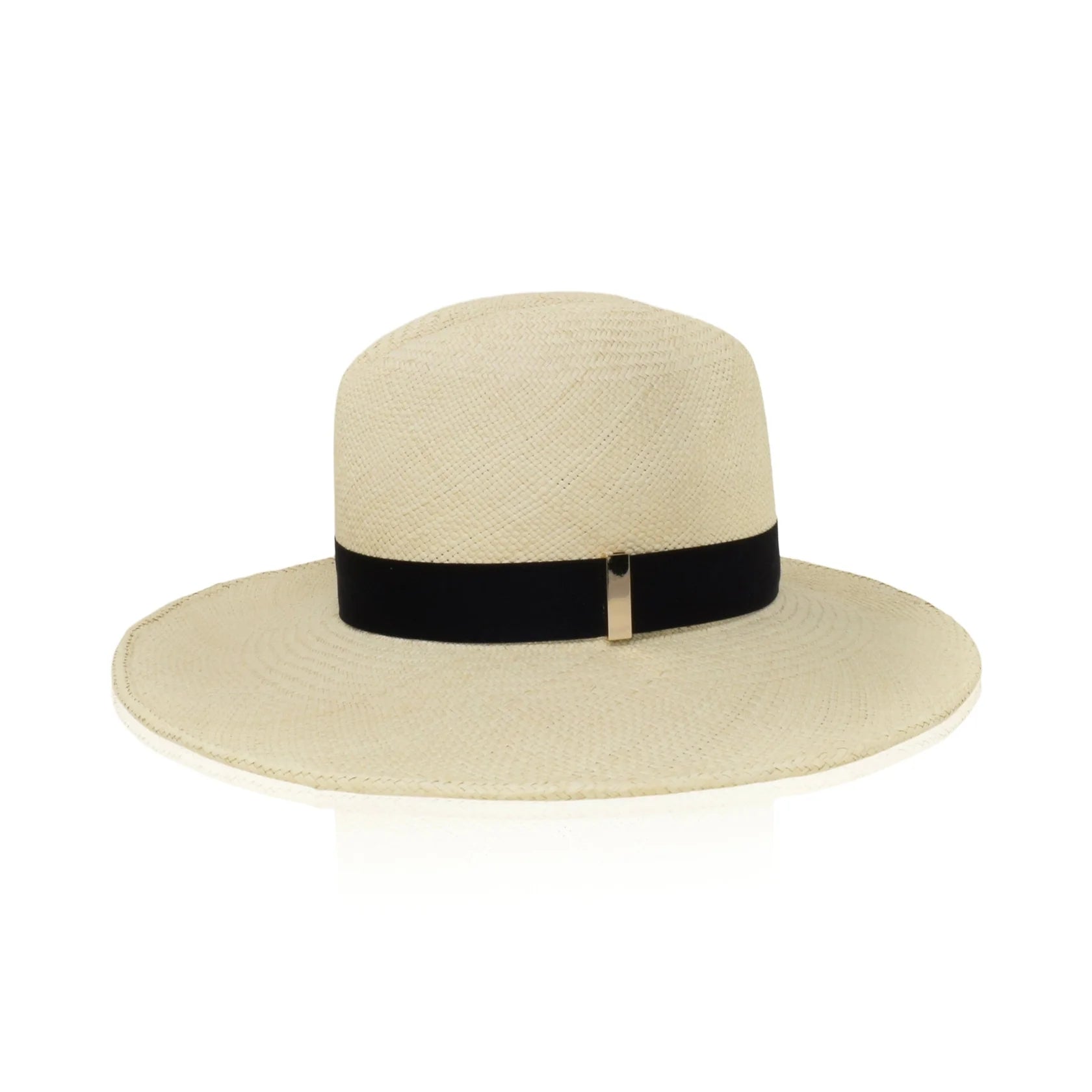 Beige straw wide-brim hat with black band and side strap