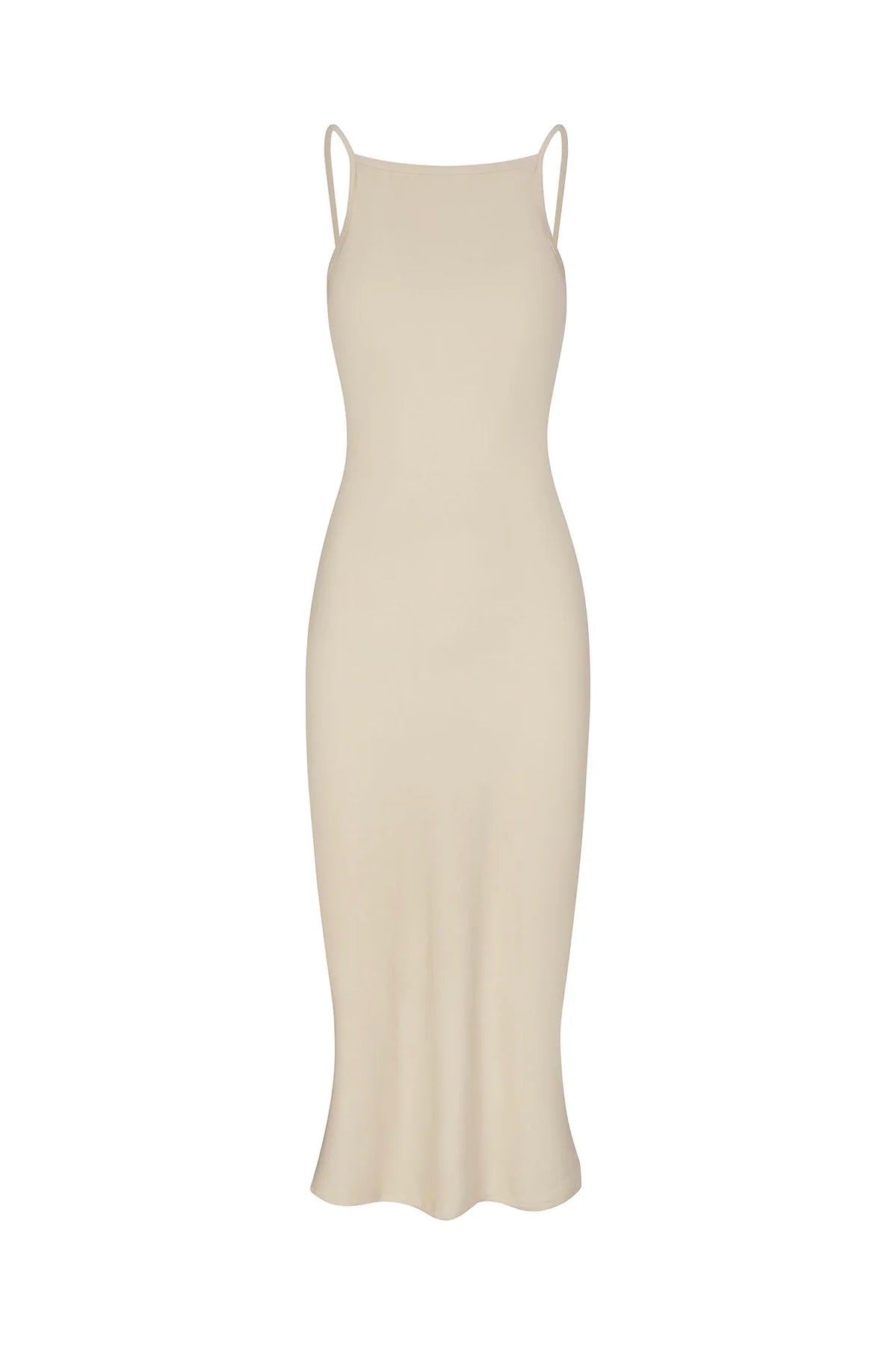 Bias-cut slip dress in light cream, square neckline and thin spaghetti straps