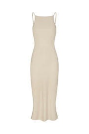 Bias-cut slip dress in light cream, square neckline and thin spaghetti straps