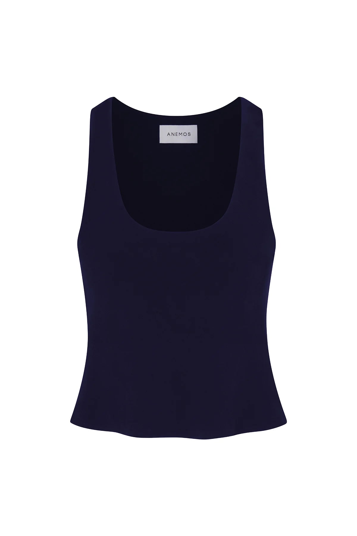 Navy stretch twill tank top with scoop neck and wide shoulder straps