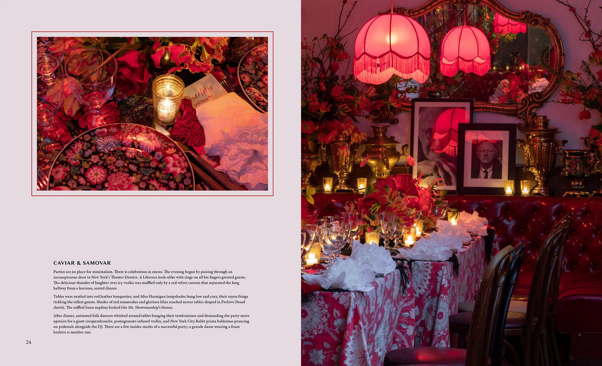 Open book spread with a red-lit dinner table photo and a smaller floral close-up inset