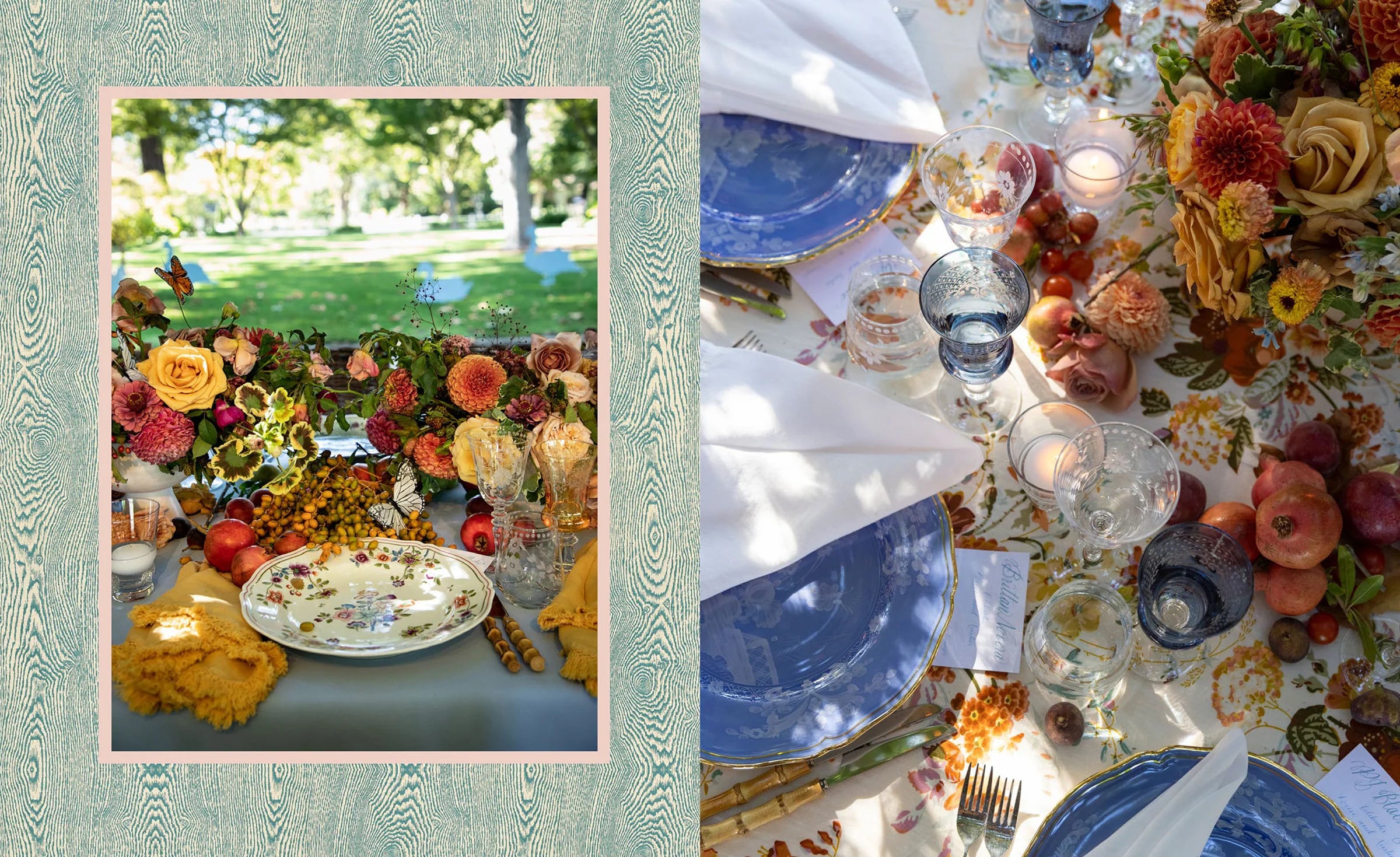 Open book spread with two color photos of a flower-filled table setup