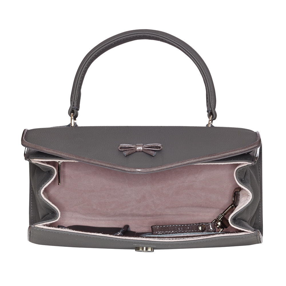 Alexandra Belgian bag with dark gray exterior and light mauve interior, bow detail