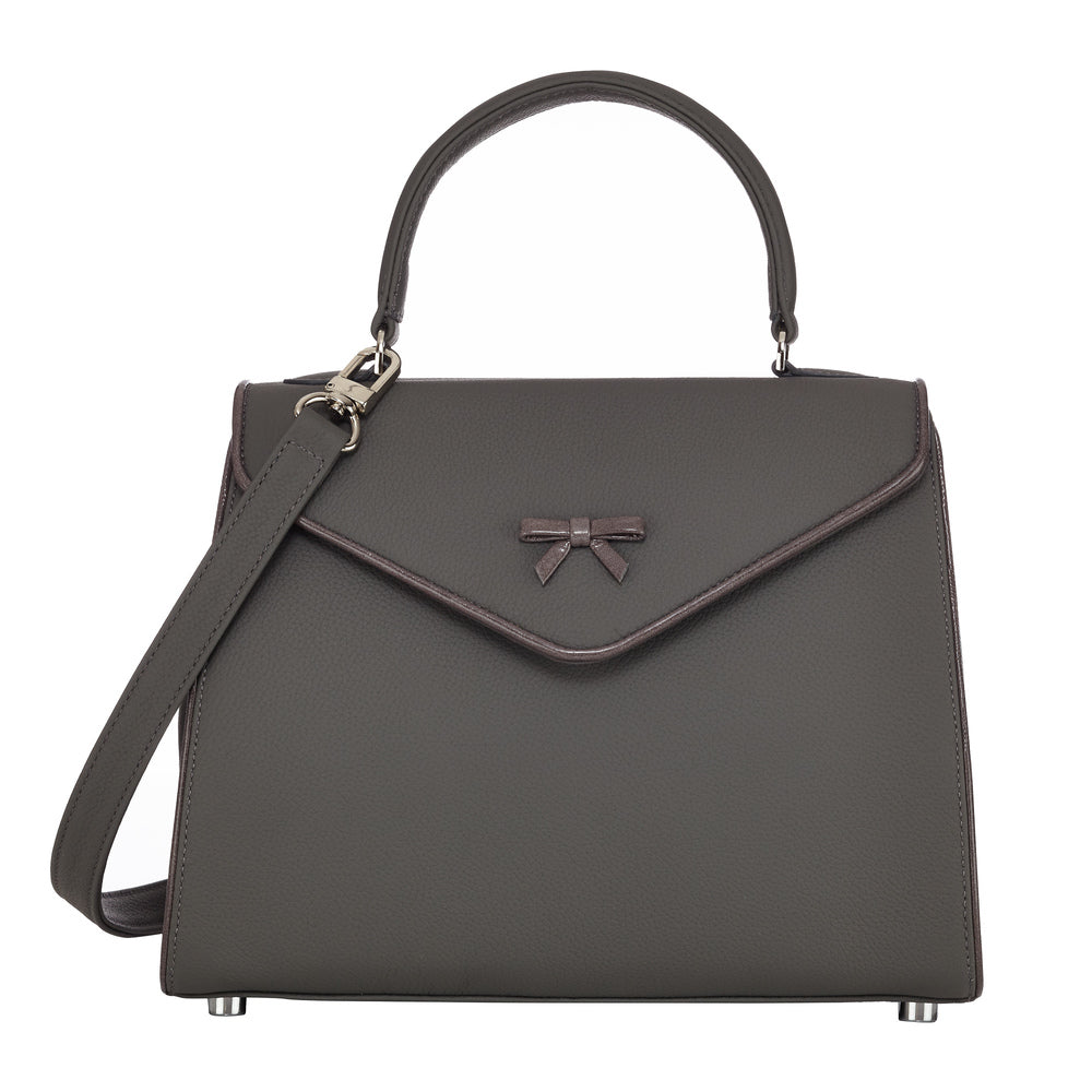 Alexandra Belgian bag in dark gray with bow front, top handle, and detachable shoulder strap
