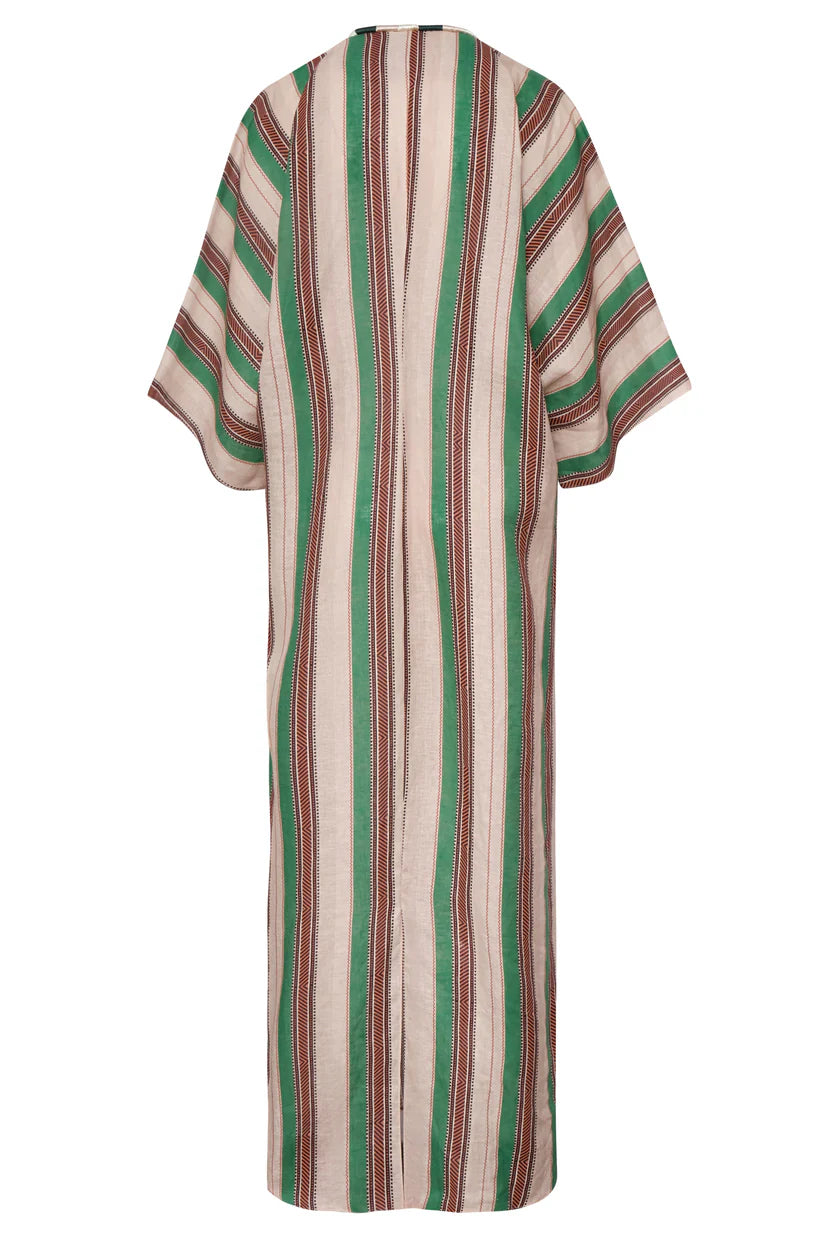 Hand-embroidered linen tunic, back view, green/red/cream vertical stripes, short sleeves
