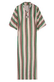 Striped linen tunic with short sleeves, zip neckline, green and red vertical stripes