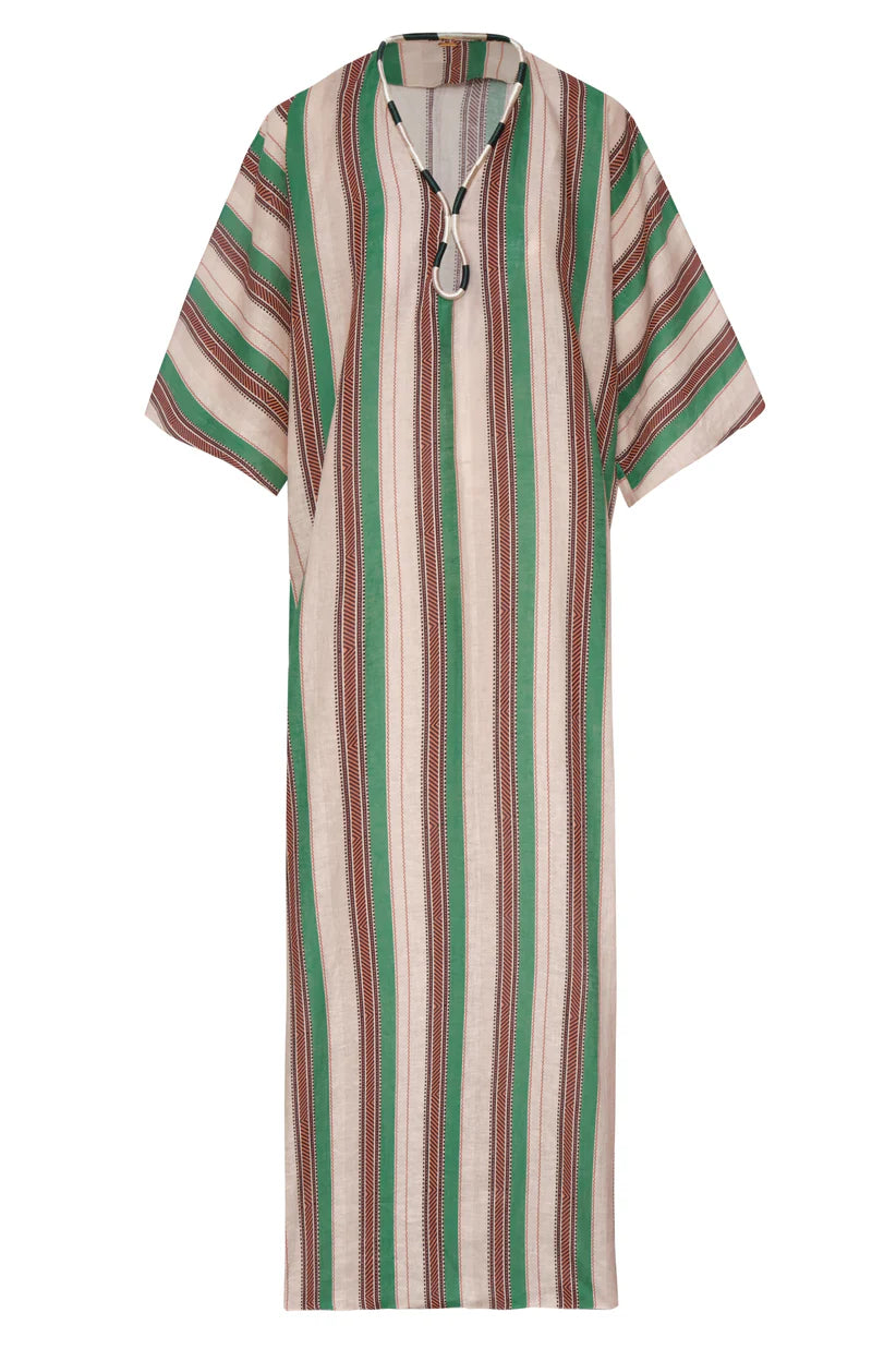 Hand-embroidered linen tunic, green/red/cream vertical stripes, V-neck, short sleeves