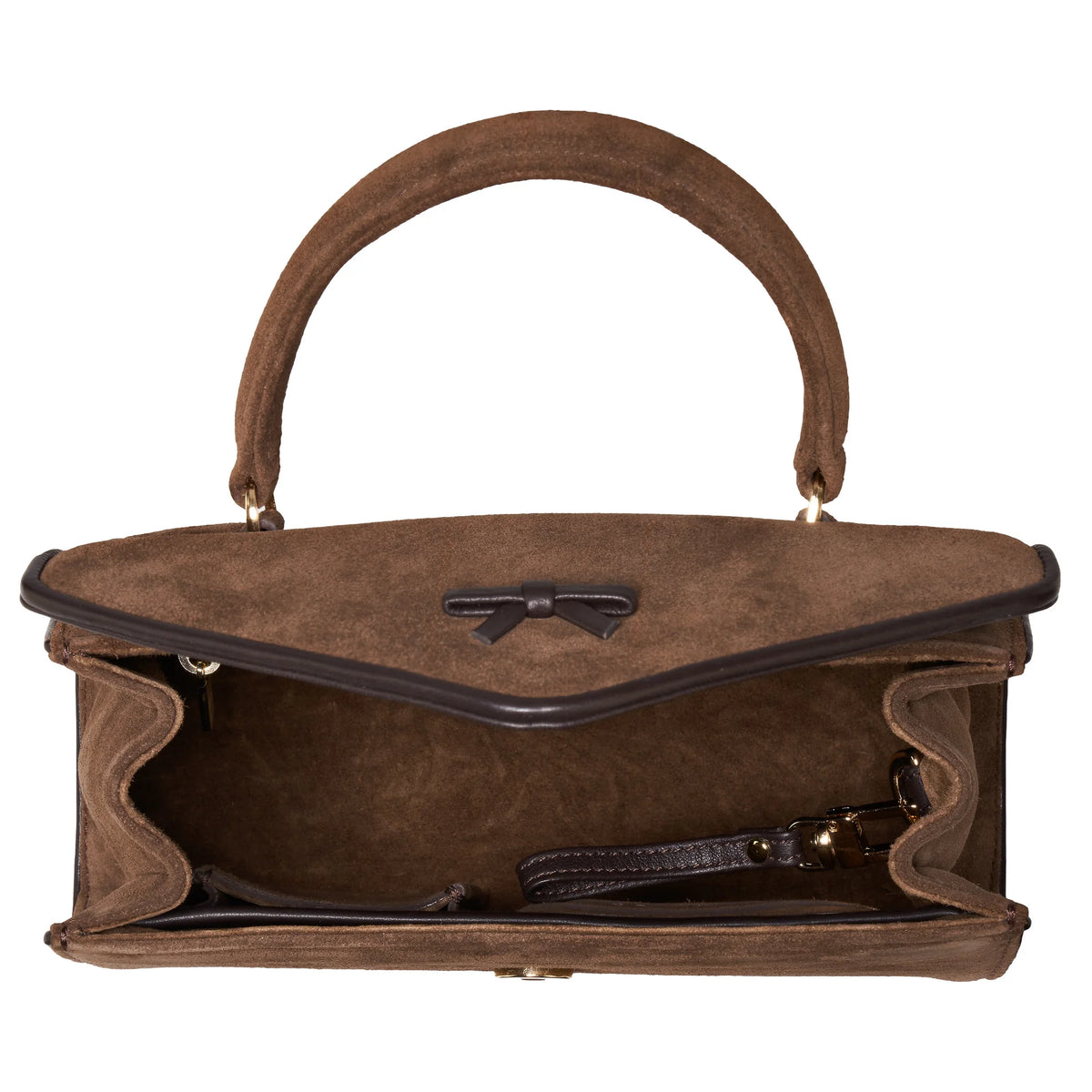 Mini suede handbag in brown with top handle and bow-tie front flap
