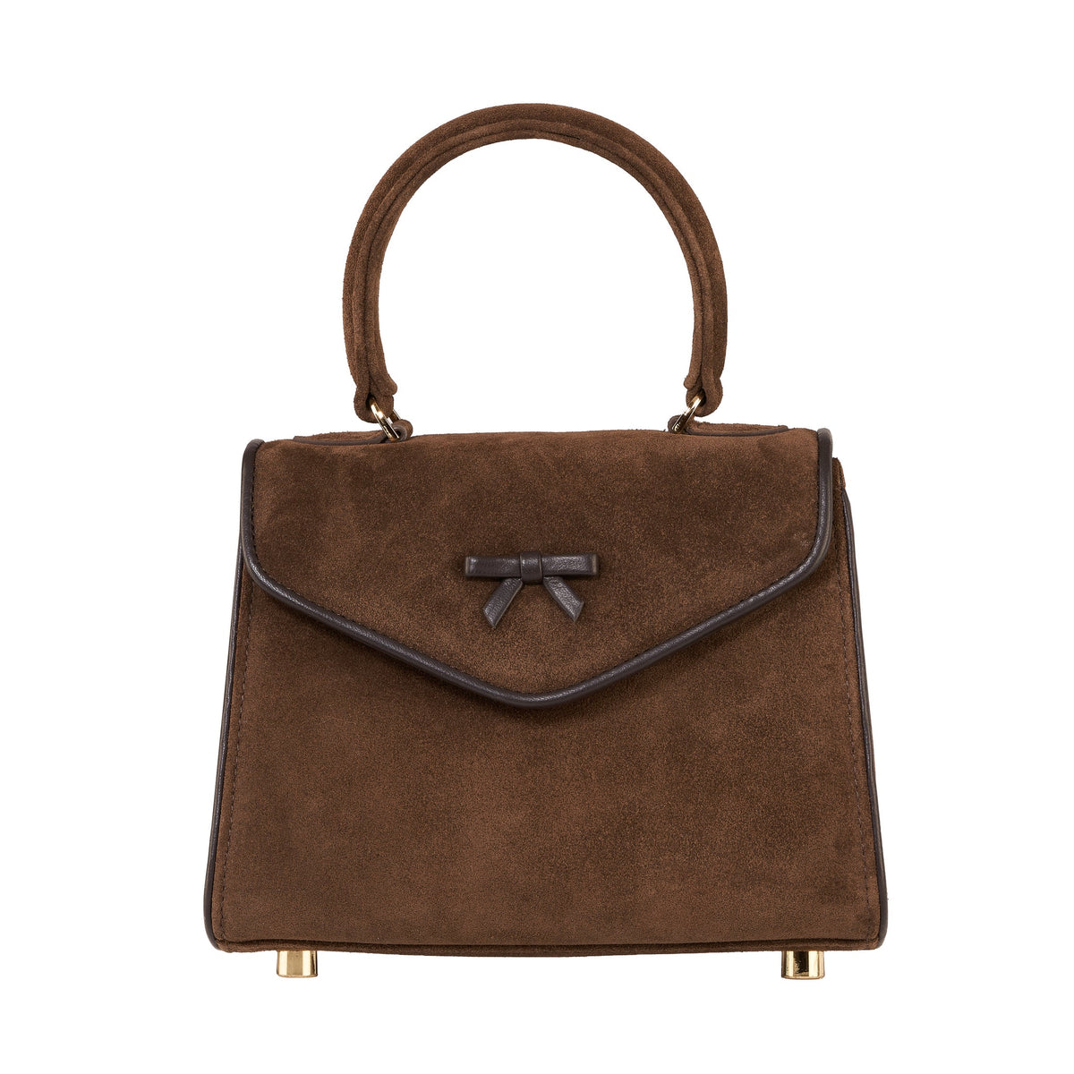Brown suede mini handbag with top handle, bow-tie flap and gold feet